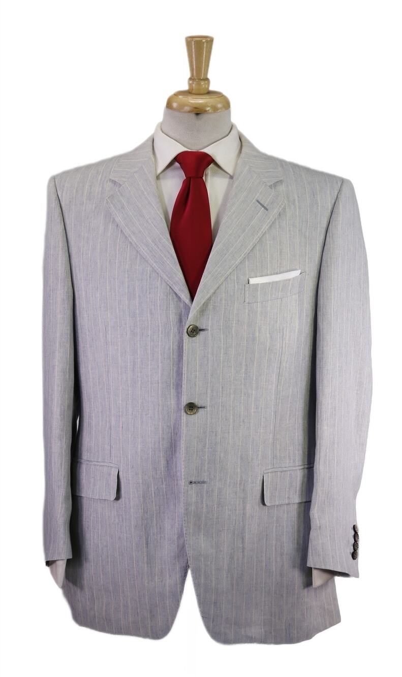 Canali Light Blue Gray w/ Tan Stripes 100% Pure Linen Italian Suit 42R